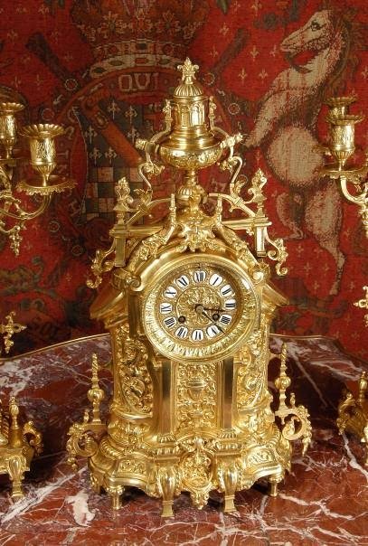 fig 3. Superb Antique French Gothic Clock Set ~ Lions Rampant.
